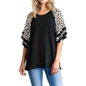 Umgee Linen Blend L Tunic Shirt Top Leopard Fringed Hem Bohemian Whimsical
